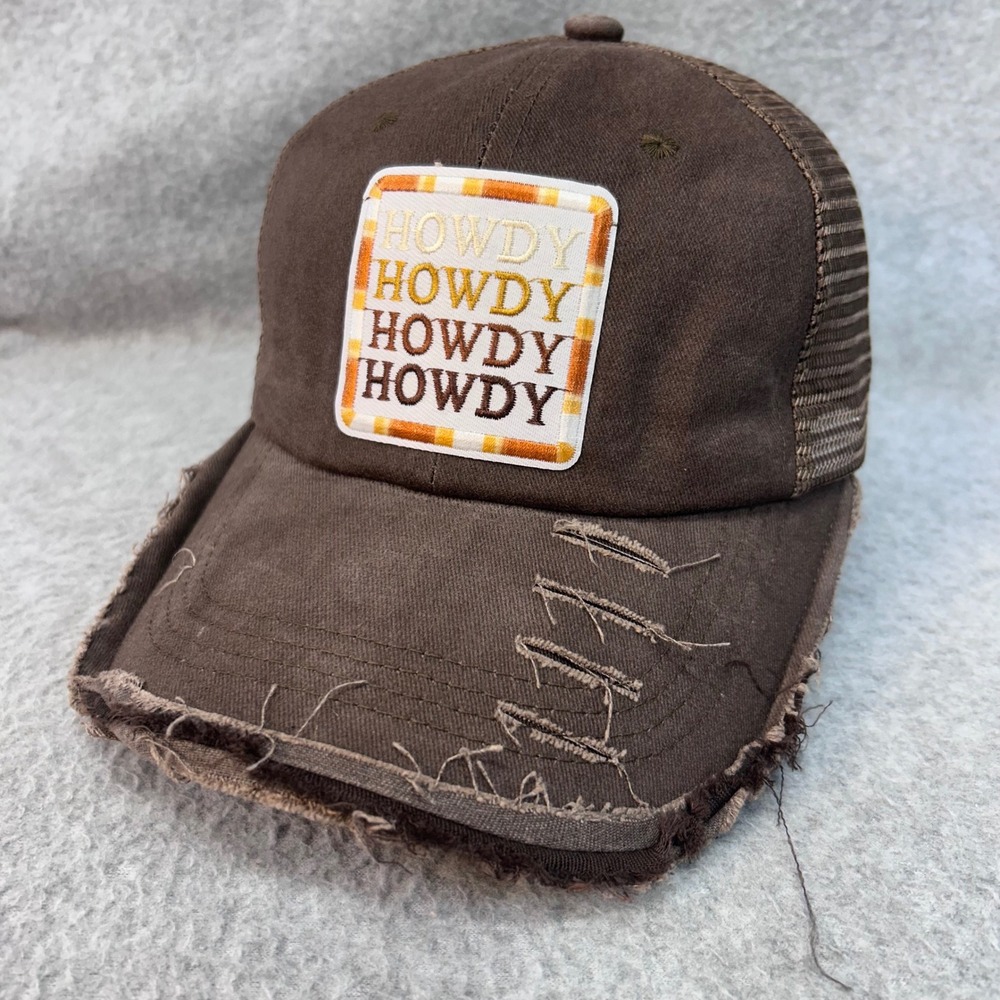 Howdy Patch Unisex Brown Unbranded Trucker Hat Distressed Snapback OSFM